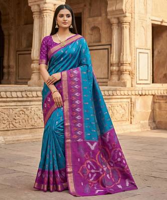 Teal blue soft silk blend pochampalli saree with zari weaving meenakari design 1