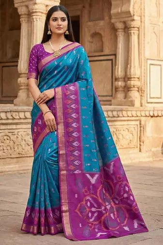 Teal blue soft silk blend pochampalli saree with zari weaving meenakari design