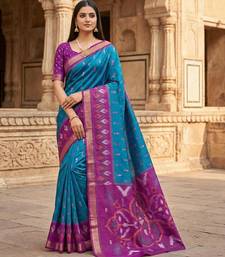 Teal blue soft silk blend pochampalli saree with zari weaving meenakari design