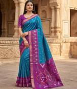 Teal blue soft silk blend pochampalli saree with zari weaving meenakari design