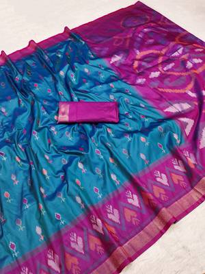 Teal blue soft silk blend pochampalli saree with zari weaving meenakari design 2
