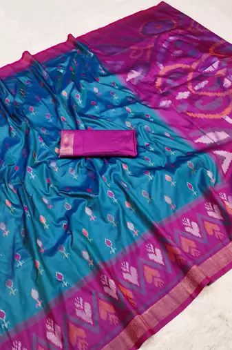 Teal blue soft silk blend pochampalli saree with zari weaving meenakari design