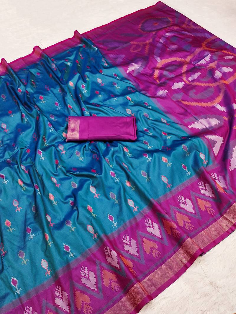 Teal blue soft silk blend pochampalli saree with zari weaving meenakari design