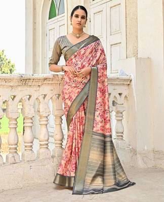 Floral Printed Zari Woven Design Tussar Saree 1