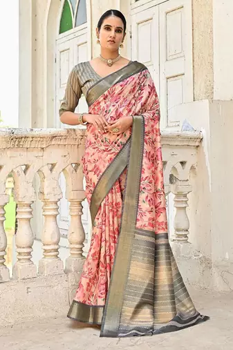 Floral Printed Zari Woven Design Tussar Saree