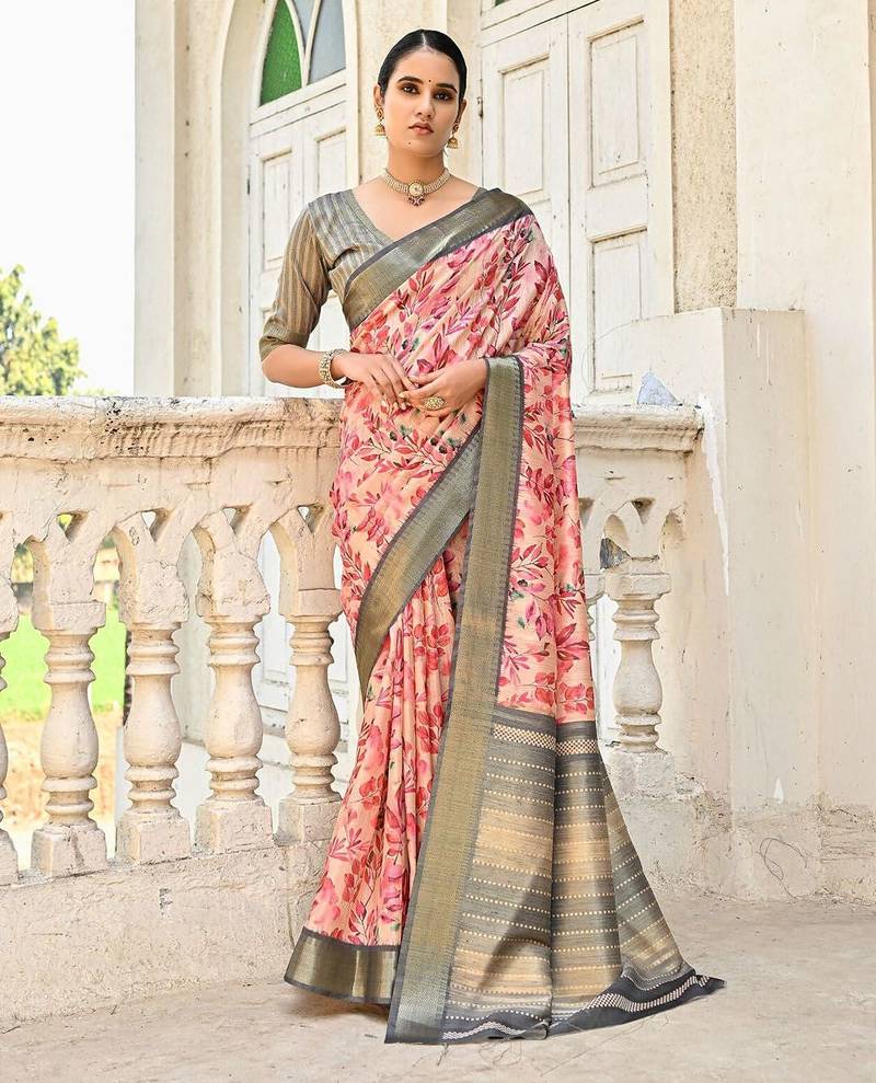 Floral Printed Zari Woven Design Tussar Saree