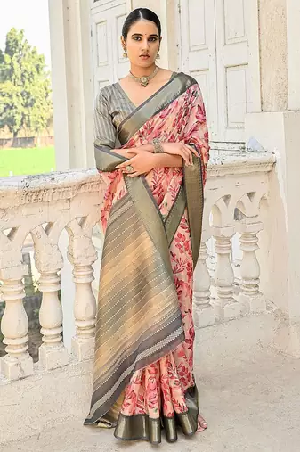 Floral Printed Zari Woven Design Tussar Saree
