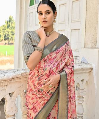 Floral Printed Zari Woven Design Tussar Saree 3