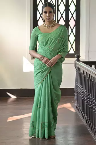 Geometric Embroidered Pure Linen Pochampally Saree