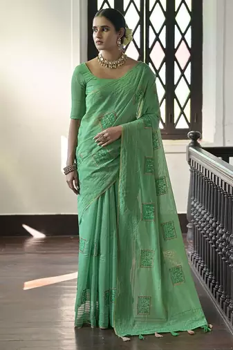 Geometric Embroidered Pure Linen Pochampally Saree