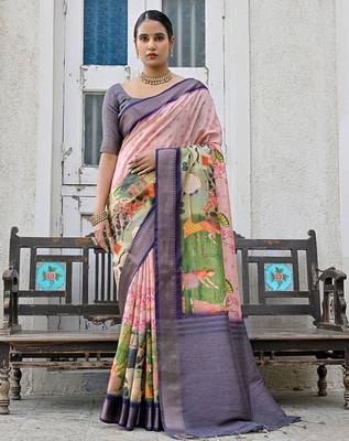 Ethnic Motifs Printed Zari Tussar Saree 1