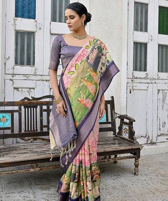 Ethnic Motifs Printed Zari Tussar Saree 2