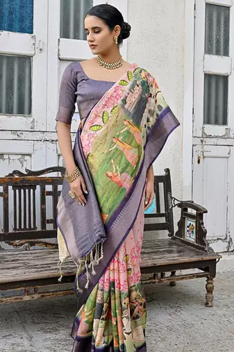 Ethnic Motifs Printed Zari Tussar Saree