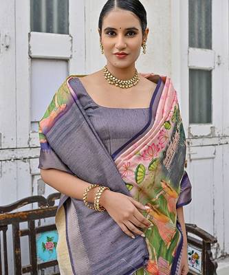 Ethnic Motifs Printed Zari Tussar Saree 3