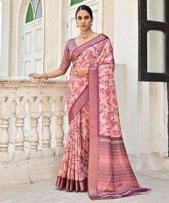 Floral Printed Woven Design Zari Tussar Saree 1