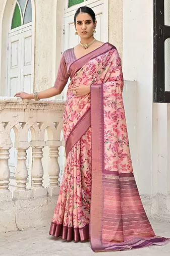 Floral Printed Woven Design Zari Tussar Saree