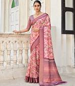 Floral Printed Woven Design Zari Tussar Saree