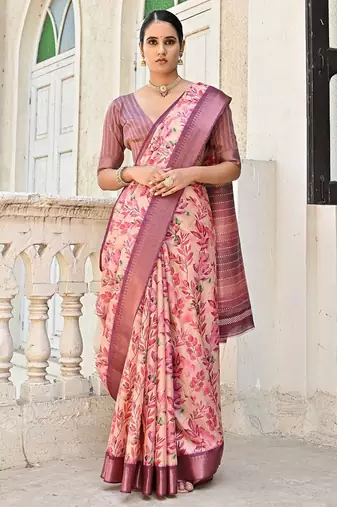 Floral Printed Woven Design Zari Tussar Saree