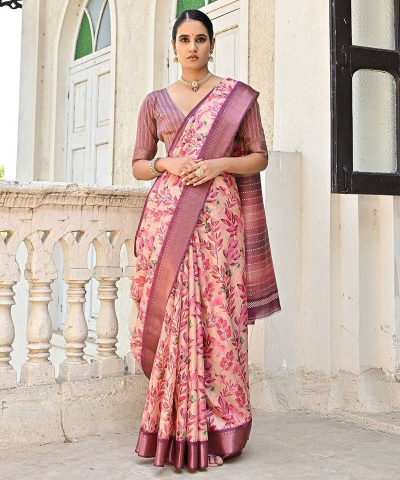 Floral Printed Woven Design Zari Tussar Saree