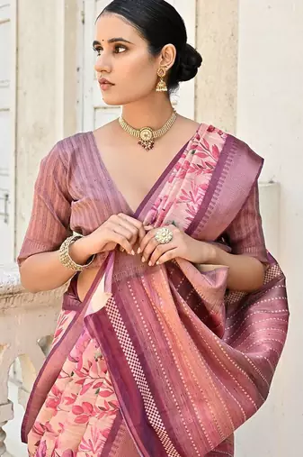 Floral Printed Woven Design Zari Tussar Saree