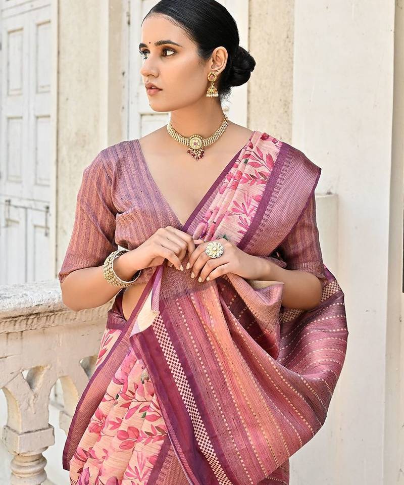 Floral Printed Woven Design Zari Tussar Saree