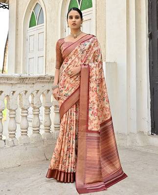 Floral Printed Woven Design Zari Tussar Saree 1
