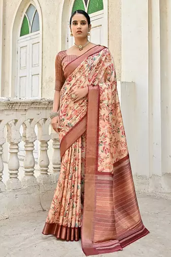 Floral Printed Woven Design Zari Tussar Saree