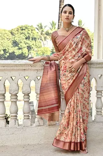 Floral Printed Woven Design Zari Tussar Saree