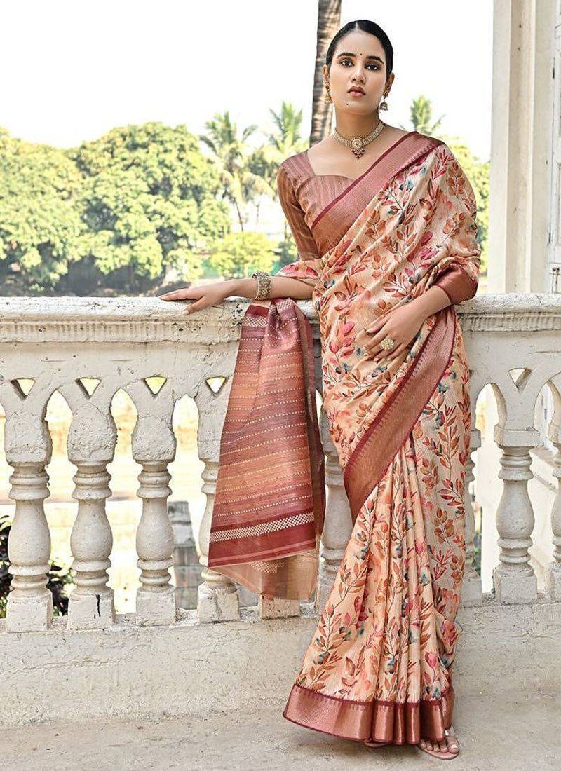 Floral Printed Woven Design Zari Tussar Saree