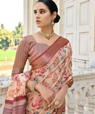 Floral Printed Woven Design Zari Tussar Saree 3