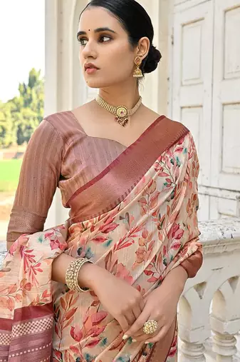 Floral Printed Woven Design Zari Tussar Saree
