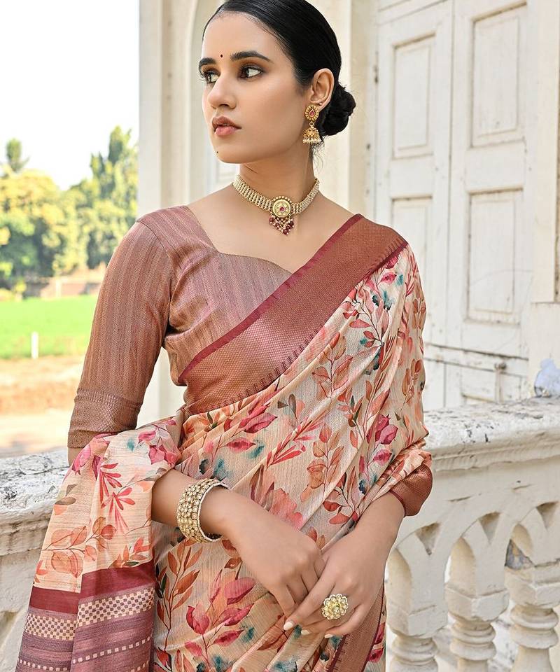 Floral Printed Woven Design Zari Tussar Saree