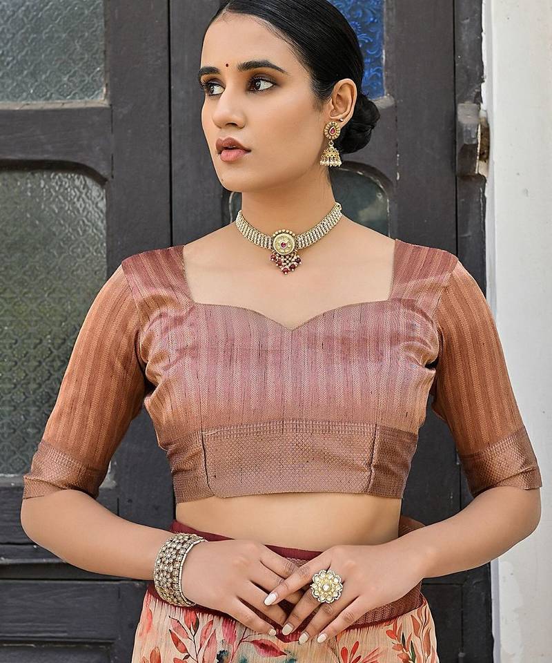 Floral Printed Woven Design Zari Tussar Saree