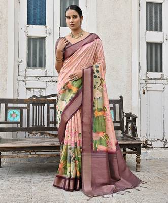 Floral Printed Zari Tussar Saree 1