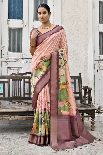 Floral Printed Zari Tussar Saree