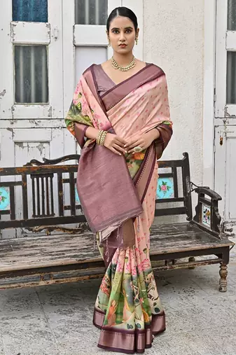 Floral Printed Zari Tussar Saree