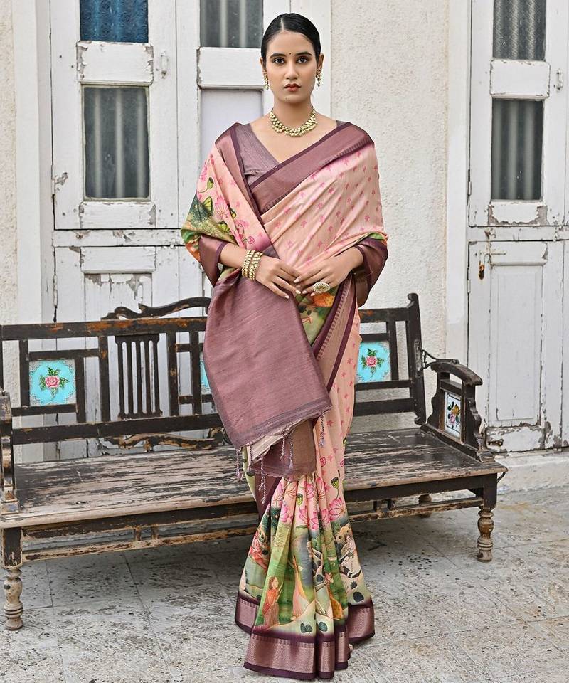 Floral Printed Zari Tussar Saree