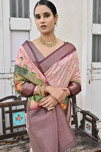 Floral Printed Zari Tussar Saree