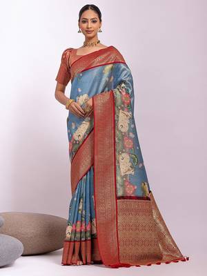 Kalamkari Zari Tussar Saree With Tassels 1