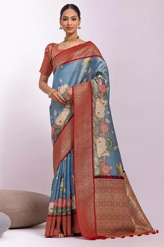 Kalamkari Zari Tussar Saree With Tassels