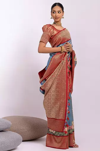 Kalamkari Zari Tussar Saree With Tassels
