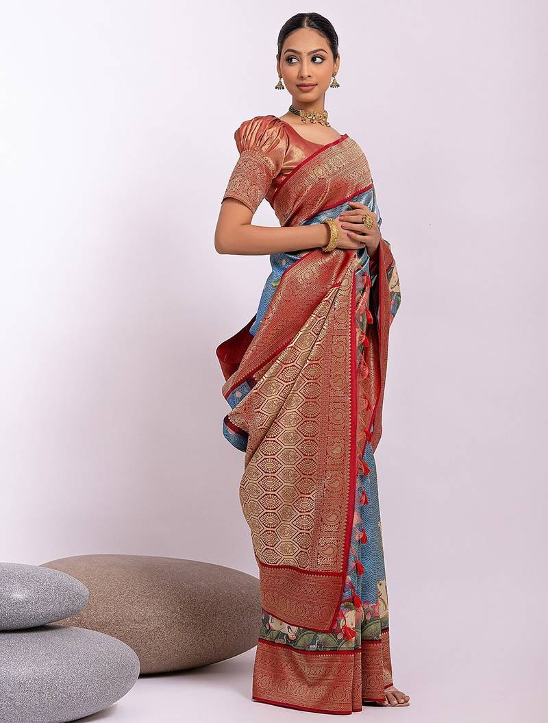 Kalamkari Zari Tussar Saree With Tassels