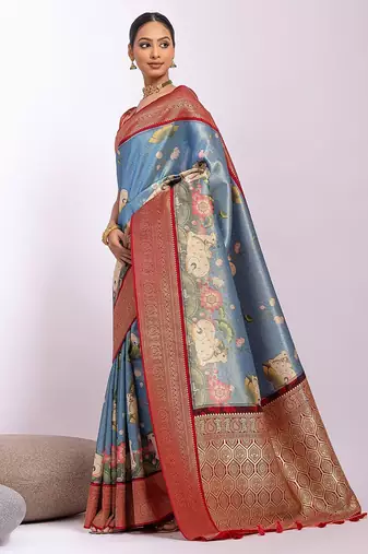 Kalamkari Zari Tussar Saree With Tassels
