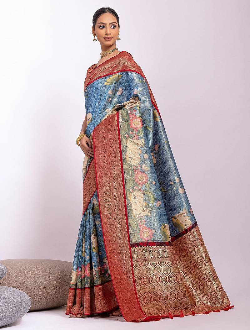 Kalamkari Zari Tussar Saree With Tassels