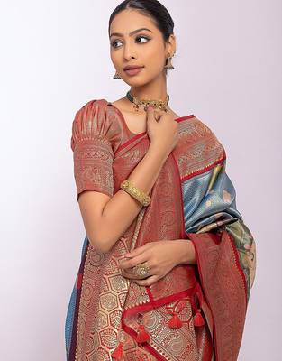 Kalamkari Zari Tussar Saree With Tassels 5