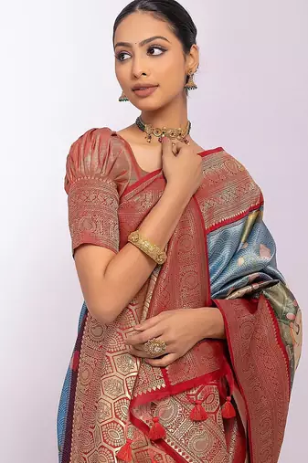 Kalamkari Zari Tussar Saree With Tassels