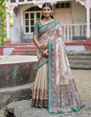 Floral Printed Zari Tussar Saree With Tassels 1