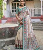 Floral Printed Zari Tussar Saree With Tassels