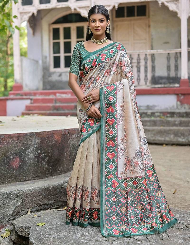 Floral Printed Zari Tussar Saree With Tassels