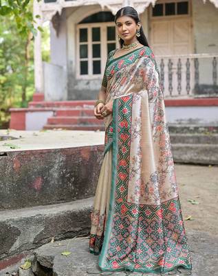 Floral Printed Zari Tussar Saree With Tassels 2